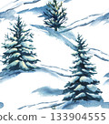 Watercolor seamless pattern of snow-covered fir trees on a winter forest ground with ski marks. Christmas and New Year holiday nature background. Outdoor recreation. Hand drawn illustration 133904555