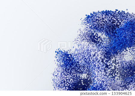 Blue particles explosion on white 3d background. Round granules blast effect. Abstract gradient splash of flying small spheres. Data flow, futuristic technology and science. 3D illustration Blue particles explosion on white 3d background. Round granules blast effect. Abstract gradient splash of flying small spheres. Data flow, futuristic technology and science. 3D illustration 133904625