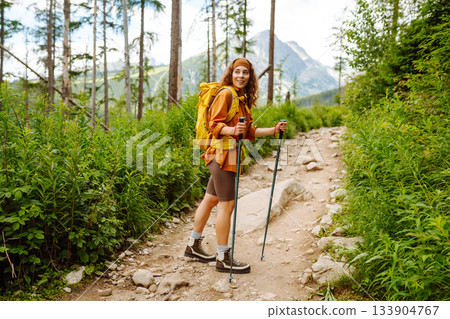 Traveler with hiking poles, bright backpack enjoys mountain scenery along hiking trail. Wanderlust. Traveler with hiking poles, bright backpack enjoys mountain scenery along hiking trail. Wanderlust. 133904767