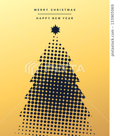 Christmas and New Year greeting card with halftone shaped Christmas tree. Dark blue and gold colors. Vector illustration 133905069