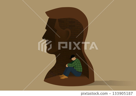 A brick male statue and a middle-aged man hugging his knees in it. A visual illustration symbolizing masculinity and inner isolation. A brick male statue and a middle-aged man hugging his knees in it. A visual illustration symbolizing masculinity and inner isolation. 133905187