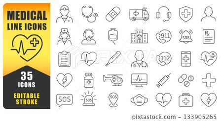 Medical Line Icon Set Featuring Clean, Modern, And Editable Stroke Designs For Healthcare, Emergency Services, And Hospital Use. Perfect For Digital Platforms, Infographics. Isolated Vector Icons 133905265