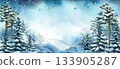 Watercolor painting of winter forest with snow covered fir and pine tree. Winter landscape background for Christmas and New Year holiday design concept. Hand drawn illustration text frame template 133905287