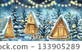 Cozy wooden A-frame cabins in a snowy winter forest at night. Christmas holiday landscape with glowing string lights and warm window light. Seamless border pattern hand drawn illustration 133905289