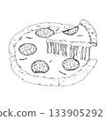 Vector illustration of a whole pizza topped with salami slices, where one piece is lifted to show long melted cheese strands. Good for menu icons, culinary branding and Italian cuisine themes. Vector illustration of a whole pizza topped with salami slices, where one piece is lifted to show long melted cheese strands. Good for menu icons, culinary branding and Italian cuisine themes. 133905292
