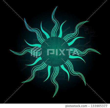 賽博龐克風格的太陽圖標，帶有發光電子電路的數位裝飾 133905377