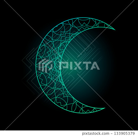 賽博龐克風格的月亮/電子電路閃耀神秘的圖標插圖素材 133905379