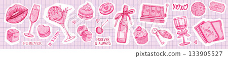 Love sticker set, Valentine day scrapbook collage design elements, wedding bachelorette party print. Love sticker set, Valentine day scrapbook collage design elements, wedding bachelorette party print. 133905527
