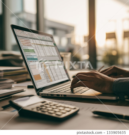 Person typing on laptop displaying financial spreadsheets and charts at a desk. Person working on financial budget spreadsheets on laptop 133905635