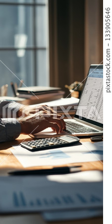 Person typing on laptop displaying financial spreadsheets and charts at a desk. Person working on financial budget spreadsheets on laptop Person typing on laptop displaying financial spreadsheets and charts at a desk. Person working on financial budget spreadsheets on laptop 133905646