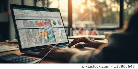 Person typing on laptop displaying financial spreadsheets and charts at a desk. Person working on financial budget spreadsheets on laptop Person typing on laptop displaying financial spreadsheets and charts at a desk. Person working on financial budget spreadsheets on laptop 133905648