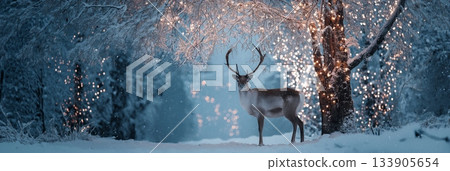Reindeer standing in snowy forest with magical Christmas lights. Reindeer standing in deep snow, illuminated by magical Christmas lights in a winter forest Reindeer standing in snowy forest with magical Christmas lights. Reindeer standing in deep snow, illuminated by magical Christmas lights in a winter forest 133905654