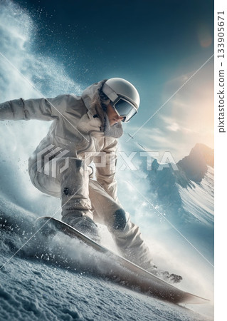 Snowboarder riding fresh powder on a sunny mountain day. Snowboarder carving down a snowy slope, creating a cloud of fresh powder in bright sun Snowboarder riding fresh powder on a sunny mountain day. Snowboarder carving down a snowy slope, creating a cloud of fresh powder in bright sun 133905671