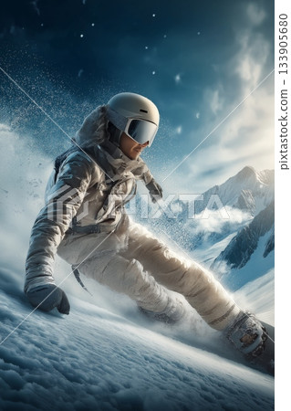 Snowboarder riding fresh powder on a sunny mountain day. Snowboarder carving down a snowy slope, creating a cloud of fresh powder in bright sun Snowboarder riding fresh powder on a sunny mountain day. Snowboarder carving down a snowy slope, creating a cloud of fresh powder in bright sun 133905680