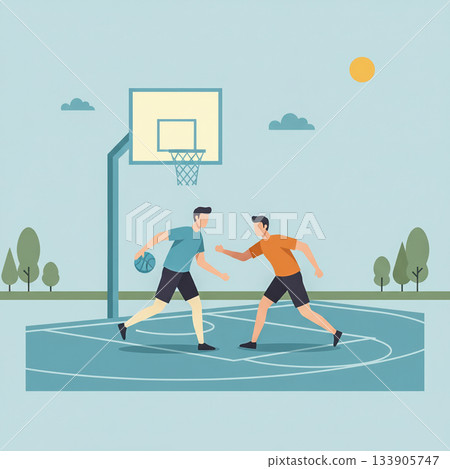 Stylized illustration of two athletes playing one-on-one basketball on an outdoor court under clear skies, capturing motion, energy, and friendly competition. Vector illustration 133905747