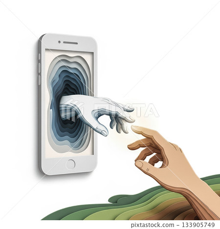 Conceptual paper-cut illustration of a digital hand emerging from a smartphone to connect with a real hand, symbolizing technology, communication, and support. Vector illustration 133905749