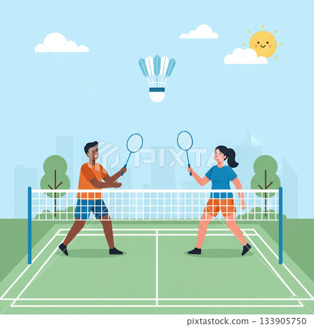 Playful illustration of two people playing badminton outdoors on a sunny day, with a bright court, cheerful sky, and friendly recreational sports atmosphere.. Vector illustration Playful illustration of two people playing badminton outdoors on a sunny day, with a bright court, cheerful sky, and friendly recreational sports atmosphere.. Vector illustration 133905750