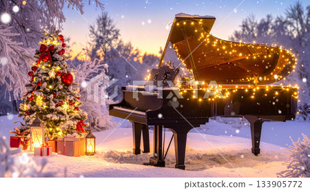 冬夜鋼琴聲、紅色的聖誕教堂和雪景 133905772