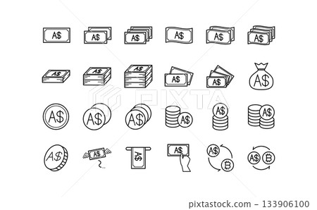 澳幣貨幣黑色線條藝術圖示集 133906100