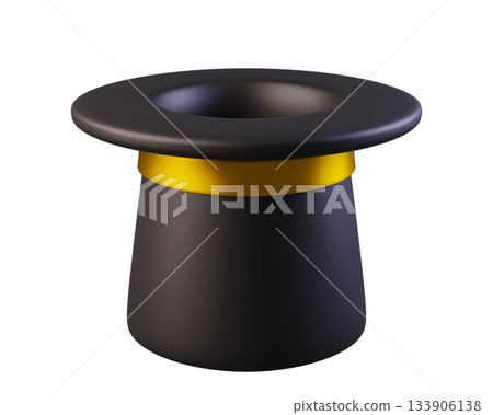 Black Magician Hat with Golden Ribbon. Wizards Cylinder Hat for magicians and artists. 3D Icon clothing accessories isolated on a transparent background Black Magician Hat with Golden Ribbon. Wizards Cylinder Hat for magicians and artists. 3D Icon clothing accessories isolated on a transparent background 133906138