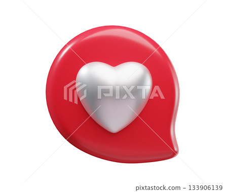 3D Glossy Red Speech Bubble with White Heart Icon on an isolated background. Valentines day and romantic symbol. Love concept. 3d rendering 133906139