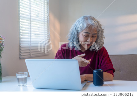 Senior Woman Talking to Smart Speaker at Home Senior Woman Talking to Smart Speaker at Home 133906212