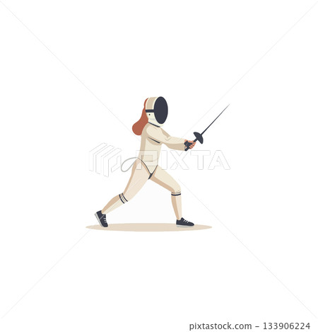 Focused fencer poised in action displaying athletic skill and intense concentration during 133906224