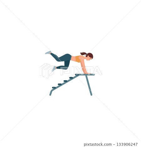 Athletic woman engaged in dynamic bench workout demonstrates body strength flexibility and 133906247