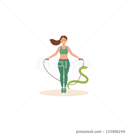Athletic woman skipping rope with vibrant green snake, showcasing fitness and surreal composition Athletic woman skipping rope with vibrant green snake, showcasing fitness and surreal composition 133906249