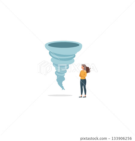 Anxious woman facing a formidable swirling vortex depicting vulnerability against powerful natural 133906256