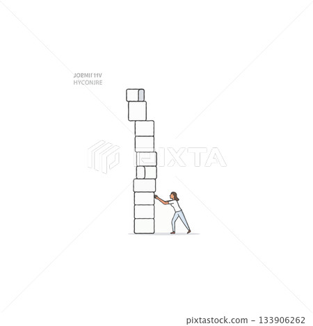 Illustrated figure propping up a precarious tower of boxes showcases ambition and balance with Illustrated figure propping up a precarious tower of boxes showcases ambition and balance with 133906262