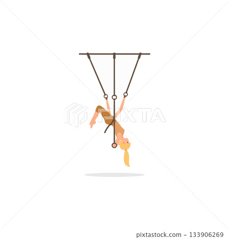 A young woman practices aerial fitness using rings suspension for a challenging acrobatic and 133906269