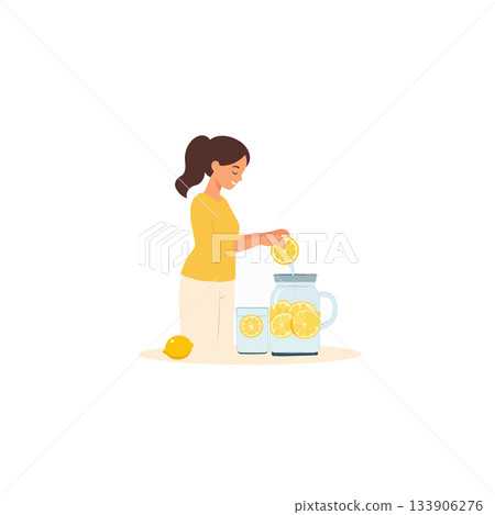Young woman preparing refreshing lemonade drink, she enjoys a healthy beverage on a sunny day with 133906276