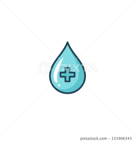 Stylized cyan liquid drop with a prominent cross symbol depicting healthcare or medical assistance 133906343