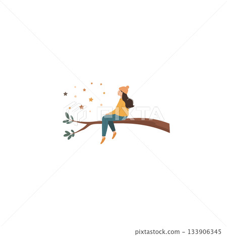 Whimsical night time dreams of a girl sitting on a tree branch under shining stars dreaming away 133906345