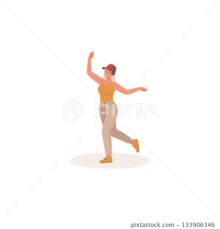 Expressive woman dancing freely feeling cheerful with dynamic posture on plain backdrop conveying 133906346