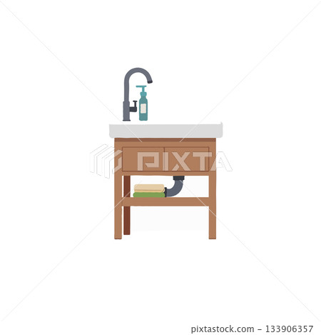 Minimalist bathroom vanity with brown cabinet and faucet creating a neat and organized ambience Minimalist bathroom vanity with brown cabinet and faucet creating a neat and organized ambience 133906357