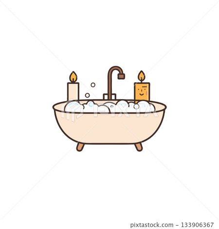 Relaxing bathtub scene adorned with bubbles and candles for a tranquil bathing experience, 133906367