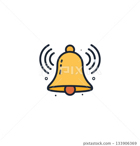 Golden bell icon radiating sound waves against a bright canvas with bold outline minimalist design Golden bell icon radiating sound waves against a bright canvas with bold outline minimalist design 133906369