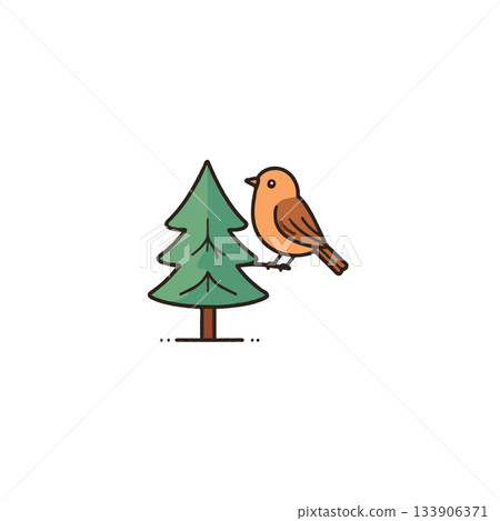 Charming scene depicting a small brown bird perched beside a vibrant green fir tree illustration 133906371