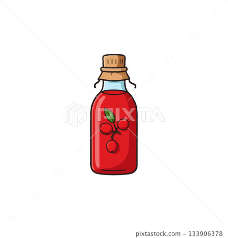 Vibrant red elixir in a glass bottle evoking a sense of natural remedy and wellness product 133906378