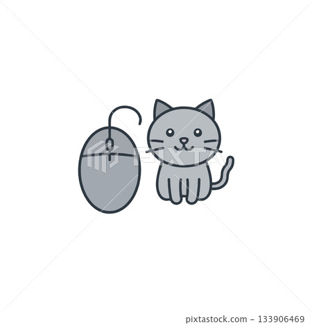 Whimsical depiction of digital life featuring a cute cartoon cat alongside computer mouse icon 133906469