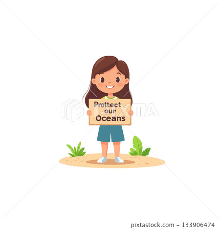 Girl advocates protecting oceans holding a sign in a whimsical scene promoting ocean conservation 133906474