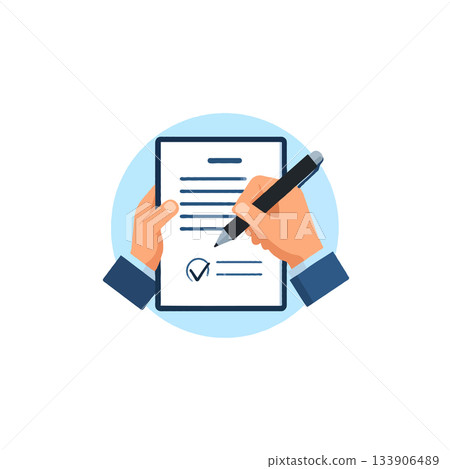 Illustration of hands signing document with black pen depicting agreement and formalization 133906489