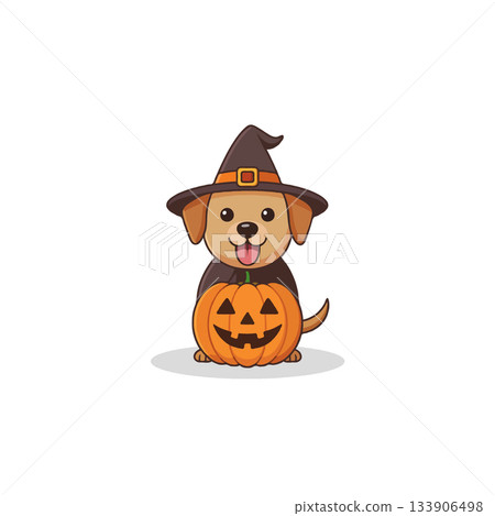 A charming cartoon dog embodies the spirit of Halloween, ready for a costume party with his A charming cartoon dog embodies the spirit of Halloween, ready for a costume party with his 133906498