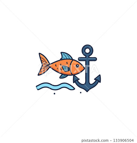 Stylized marine illustration showcasing an orange fish swimming beside a nautical anchor depicting 133906504