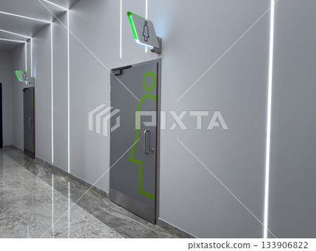 Grey modern restroom for women and men with closed doors and green wall signs. Gender symbol for toilet area in public building. Toilet trip concept. WC entry with doors for private needs Grey modern restroom for women and men with closed doors and green wall signs. Gender symbol for toilet area in public building. Toilet trip concept. WC entry with doors for private needs 133906822