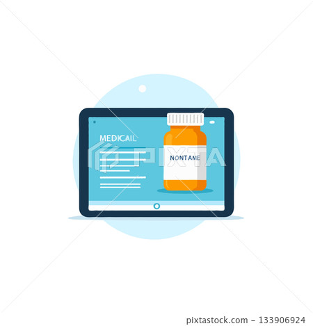 Virtual medication consultation featuring an orange medicine bottle displayed on a digital tablet Virtual medication consultation featuring an orange medicine bottle displayed on a digital tablet 133906924