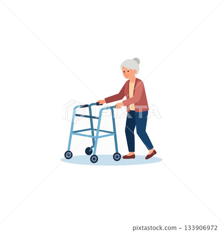 Elderly woman with walker demonstrates mobility support illustrating senior independence and 133906972