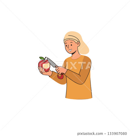 Blonde woman with bandana carefully slicing a vibrant red apple for a healthy snack preparation 133907080